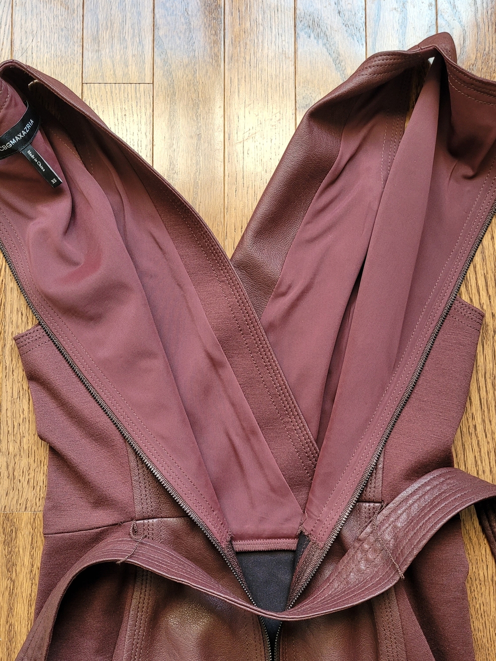 BCBGMaxAzria Burgundy Asymmetrical Faux Leather Belted Dress - Picture 3 of 9